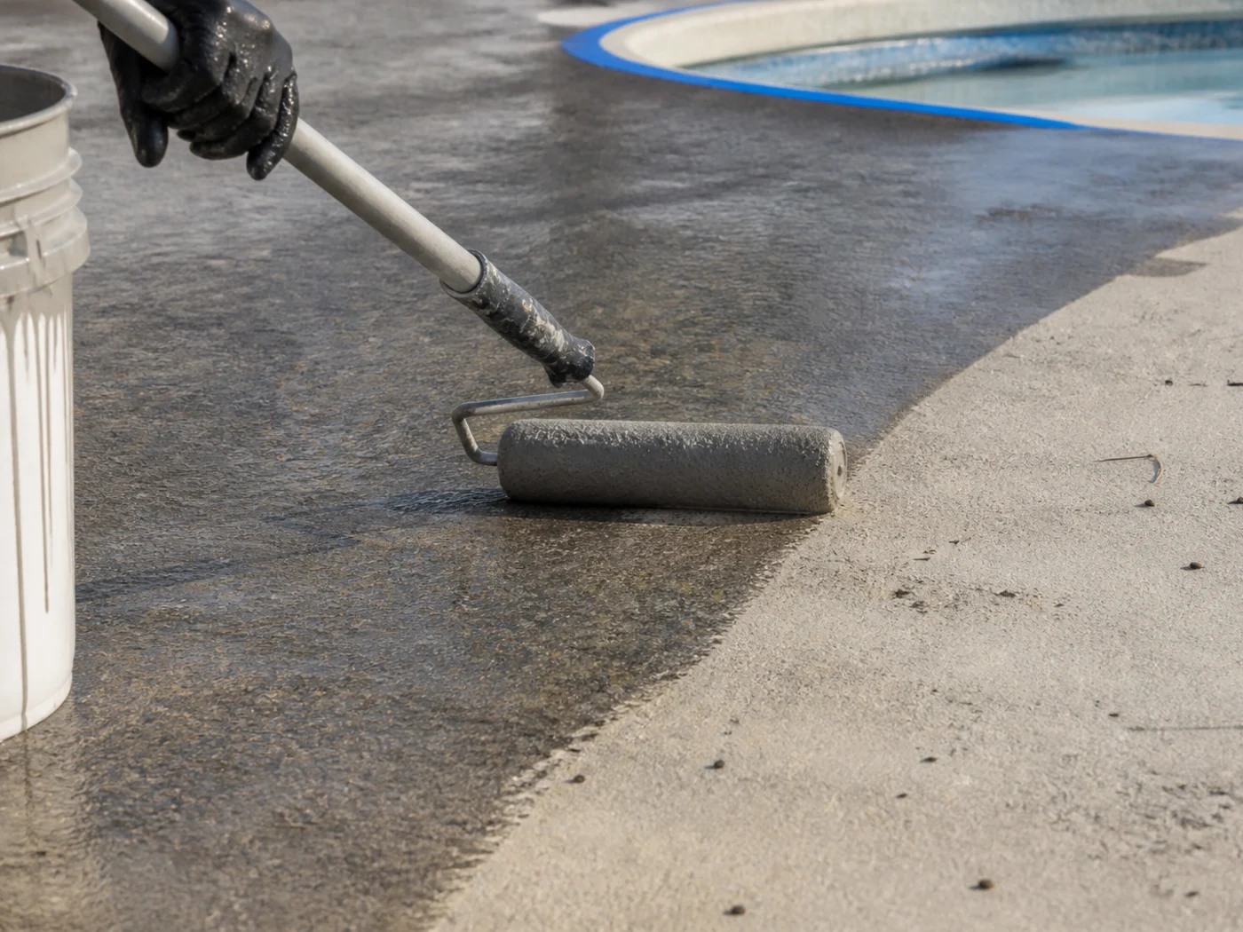 Vapor permeable primer being rolled onto a prepared concrete slab