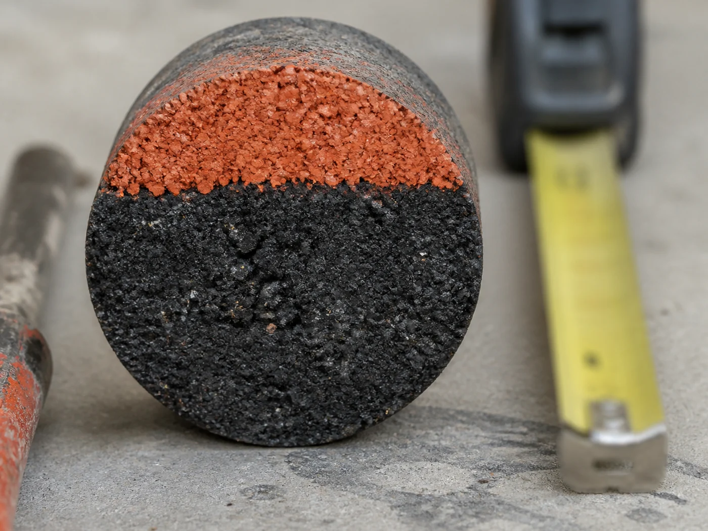 Cut core through a finished deck showing the black SBR base under the colored EPDM top