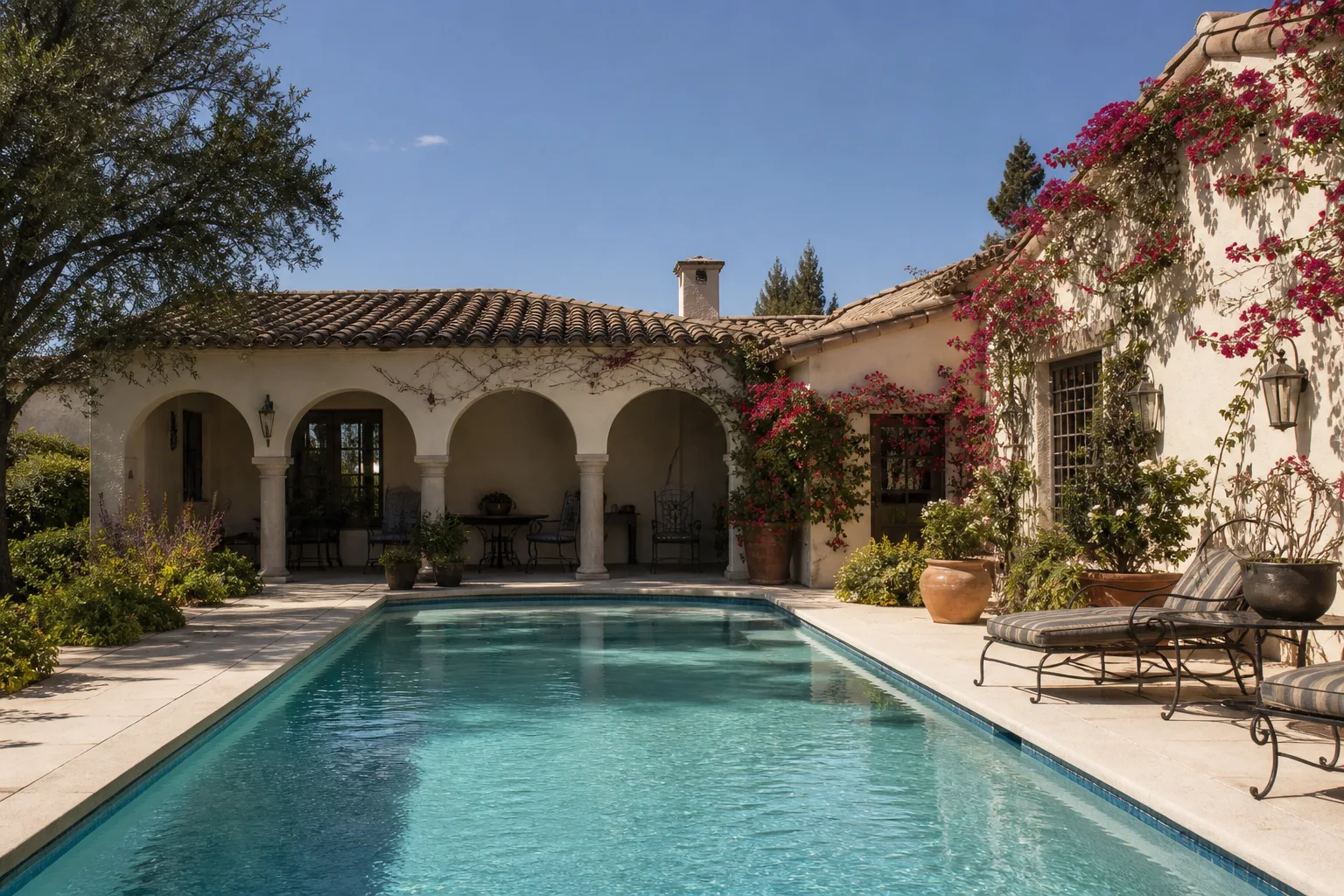Terraza de piscina en caucho en una villa de West Palm Beach con logia de arcos
