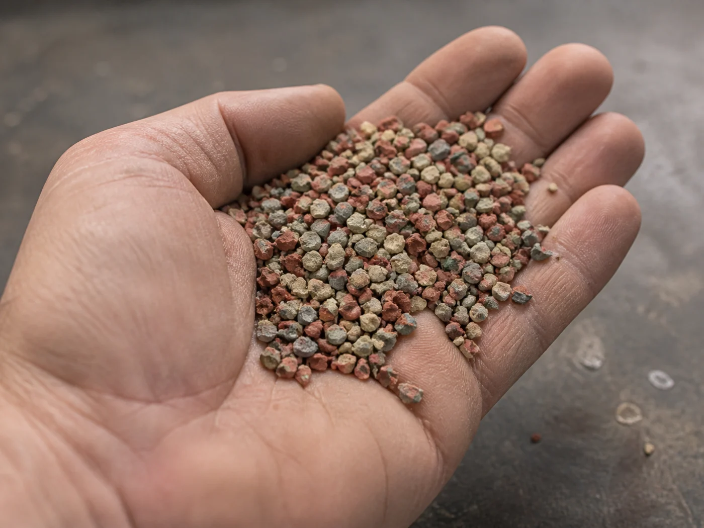 Colored EPDM granule held in an installer hand on a Florida jobsite