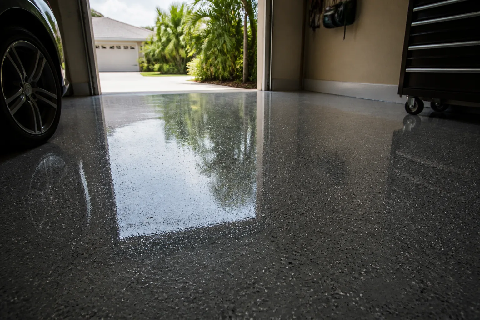 Finished gloss epoxy floor in a Florida garage