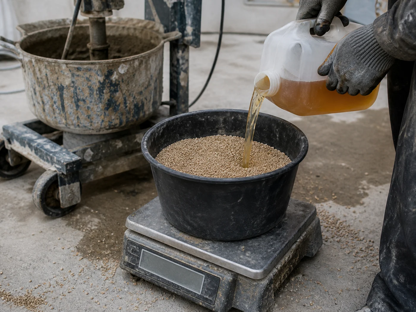 Binder weighed over granule on a jobsite scale