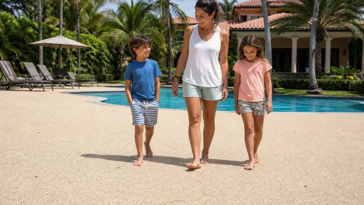 A family walking barefoot across a rubber pool deck