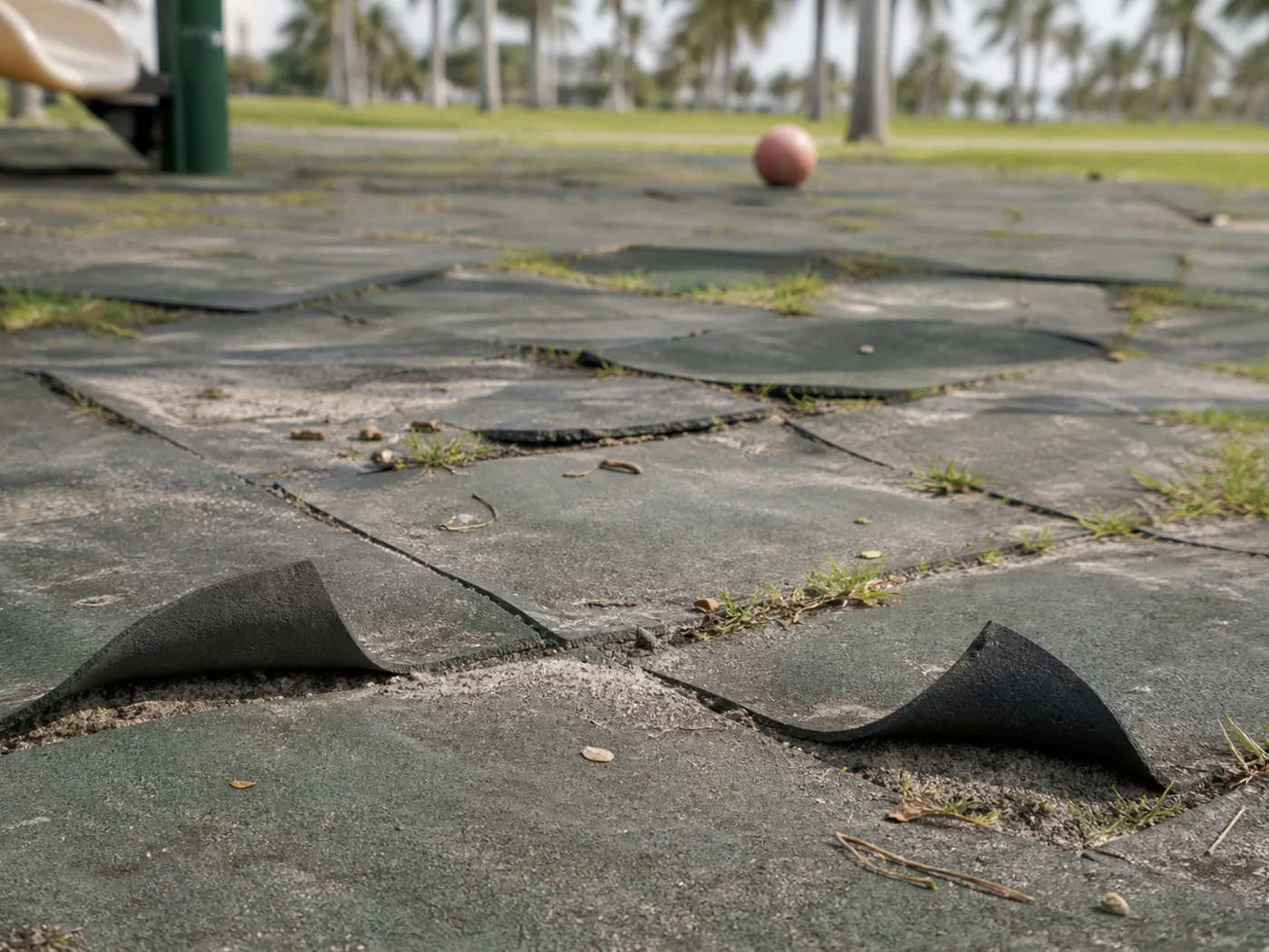 Losetas de caucho para parque infantil levantadas y curvadas en las juntas