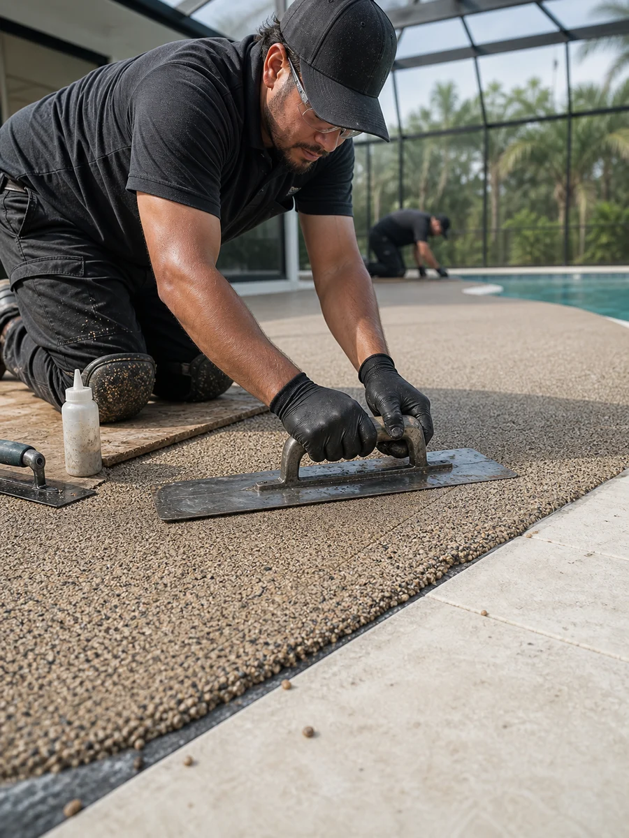 Installer trowelling the edge of a fresh surface during a repair