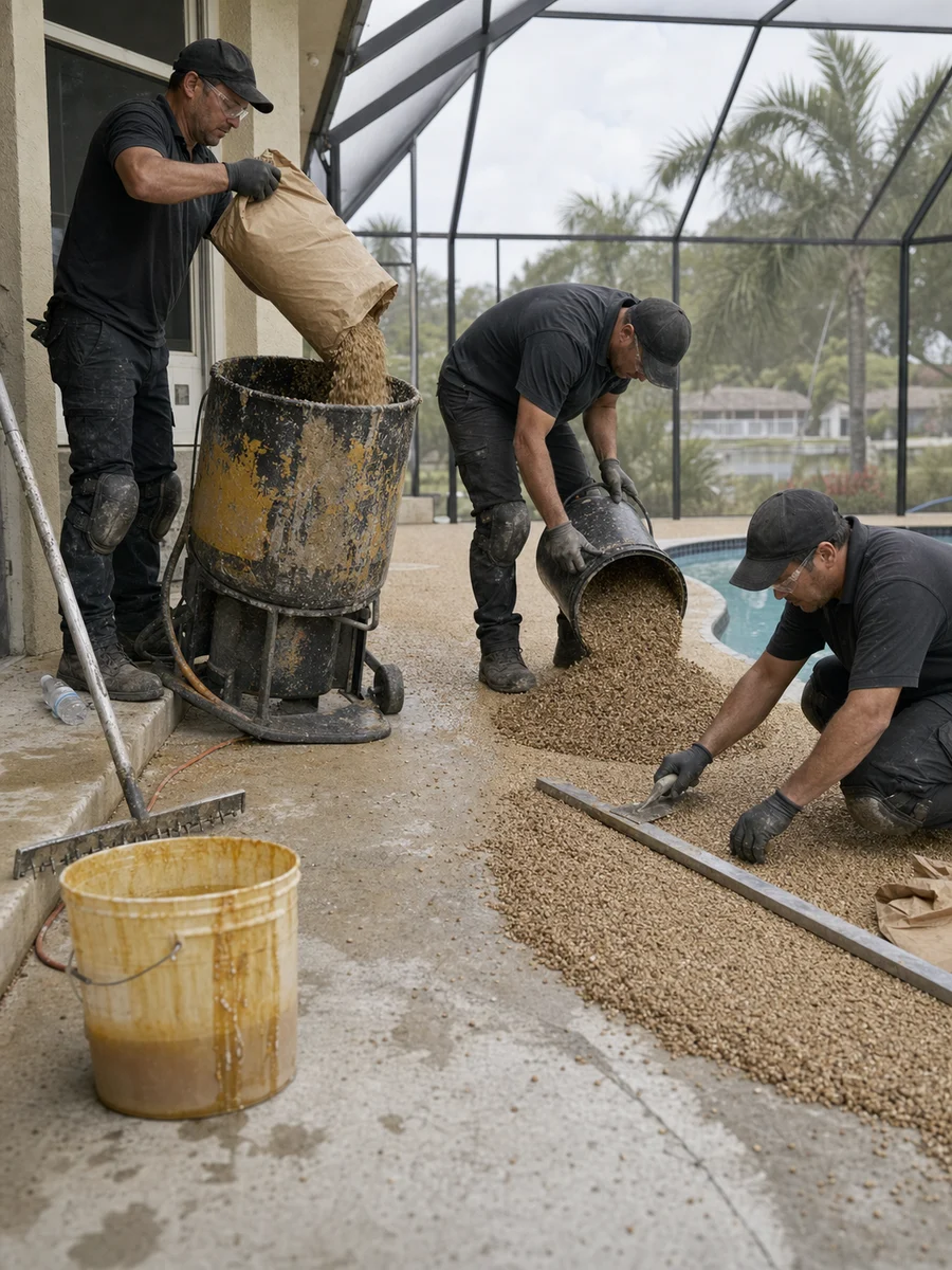 B-Cool crew placing and screeding rubber mix on a Florida slab
