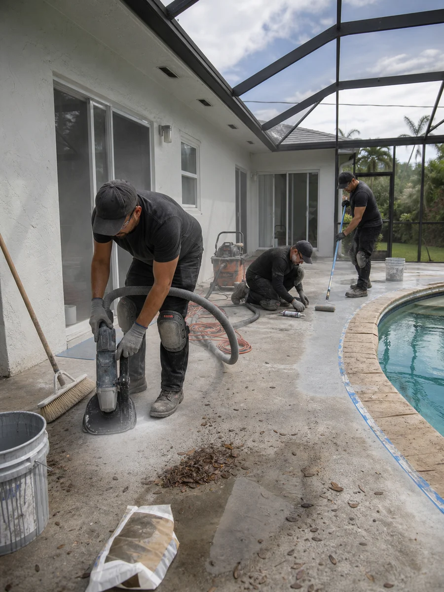 Grinder opening a concrete slab before primer goes down on a Florida job